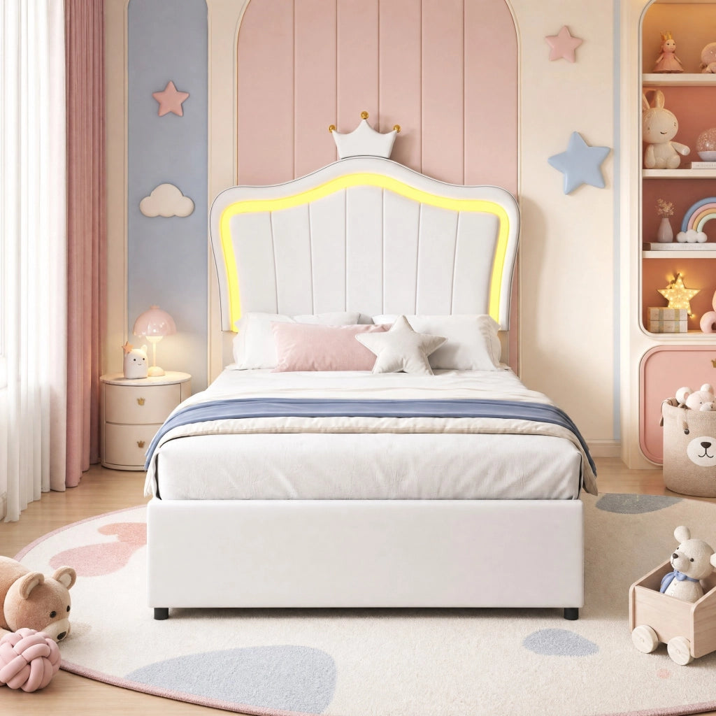 Letto contenitore 90 × 200 cm con LED testiera regolabile in similpelle bianca e rosa