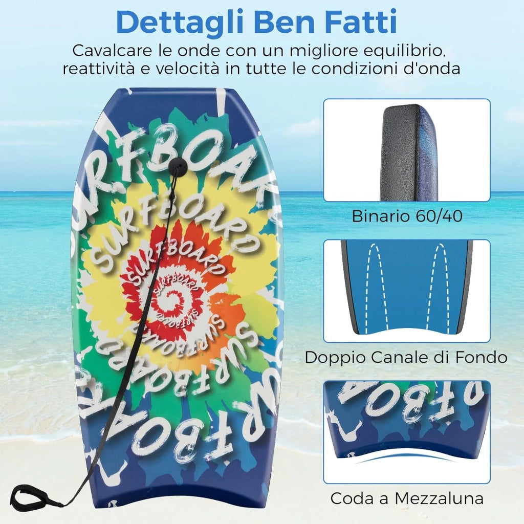 Tavola da Surf 33", BodyBoard con Guinzaglio per Polso in XPE + EPS + HDPE, Tavoletta Surf Leggero per Bambini, Ragazzi e Adulti