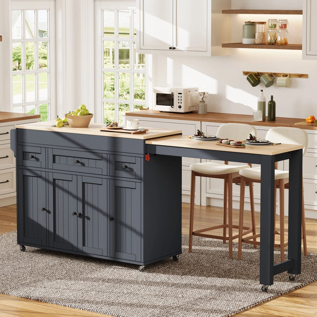 Isola da cucina su ruote con piano estraibile laterale da 112 a 180;6 cm; portaspezie e cassetti; grigio