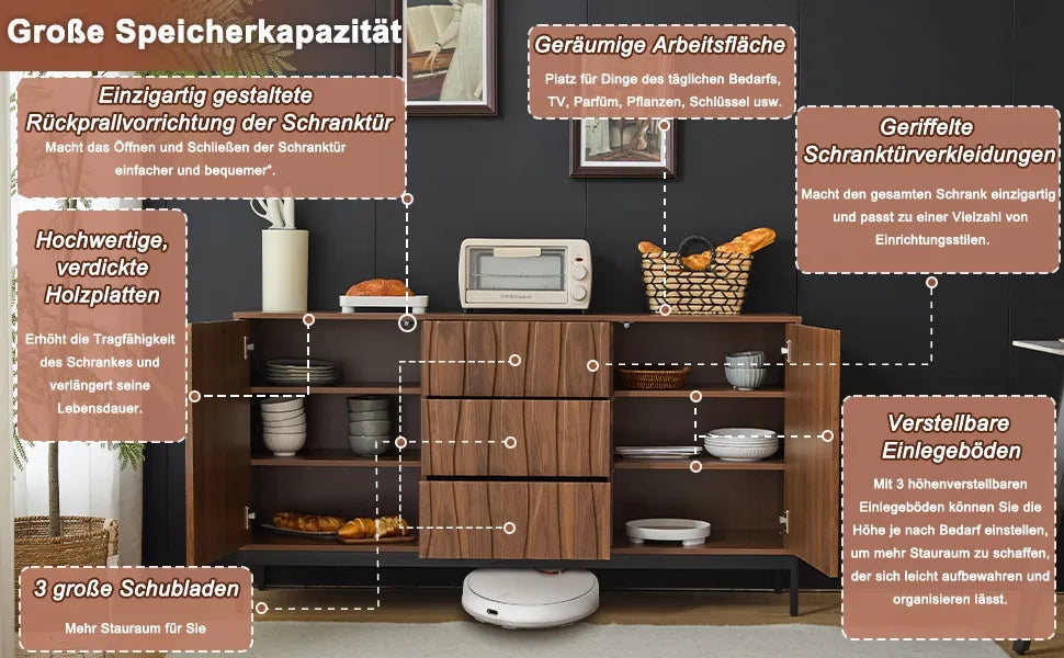 Sideboard 150 cm in legno di quercia scuro venato, stile Mid Century Modern con 3 cassetti e ampia nicchia aperta. Mobile decorativo per cucina, soggiorno, ingresso e corridoio