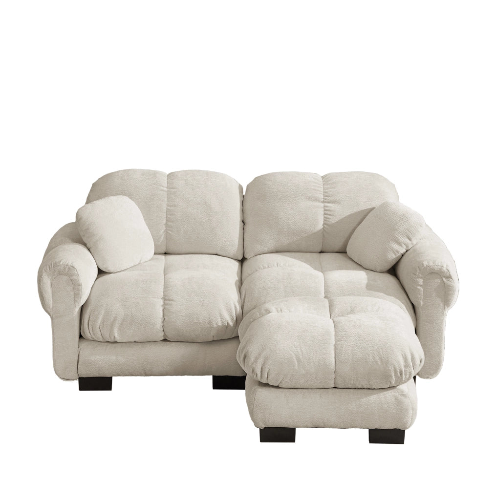 Divano angolare modulare 2 posti in chenille color khaki chiaro con pouf mobile e cuscini imbottiti
