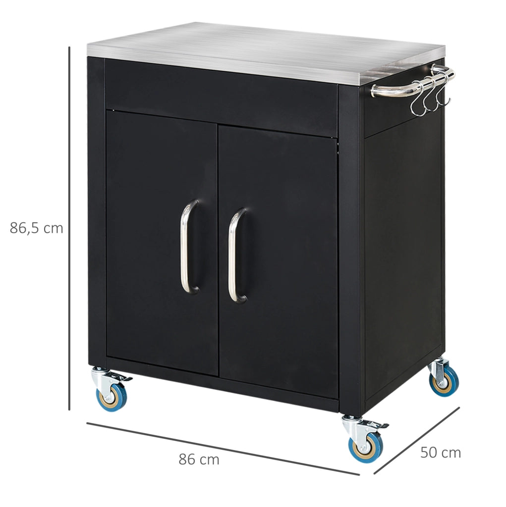 Carrello da cucina nero con ruote, armadietto, 6 ganci e piano in acciaio inox 86x50x86,5 cm
