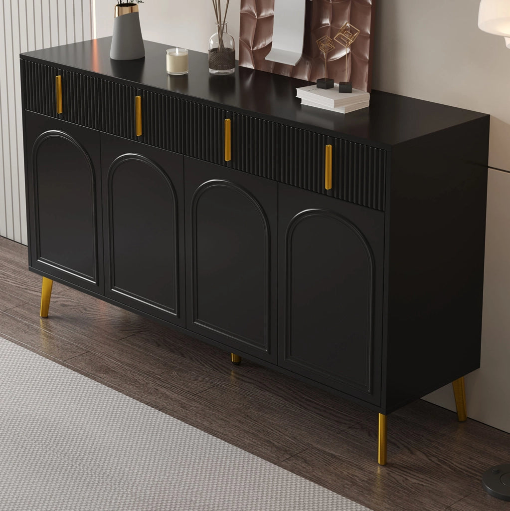 Credenza nera 140 cm con 4 ante, 4 cassetti e dettagli dorati