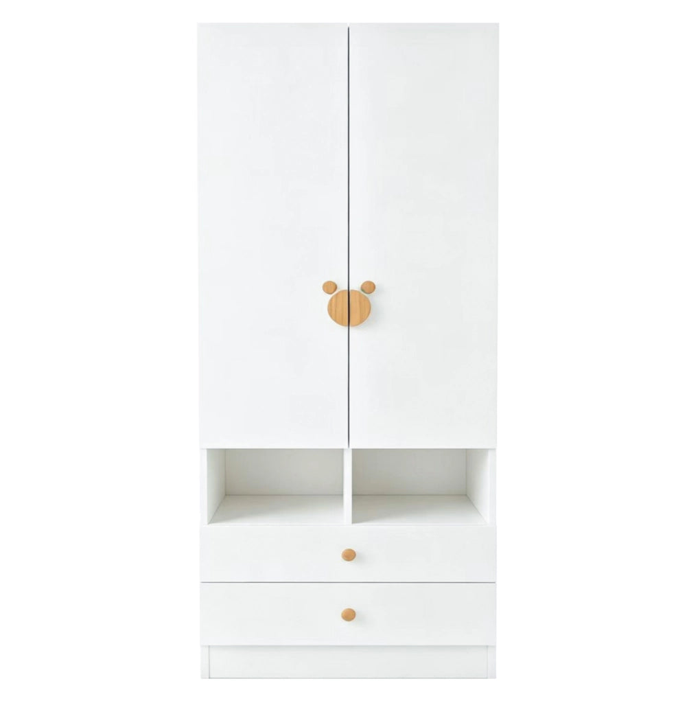 Armadio singolo bianco 70×50×170 cm con due cassetti, maniglie cartoon e piccoli vani portaoggetti