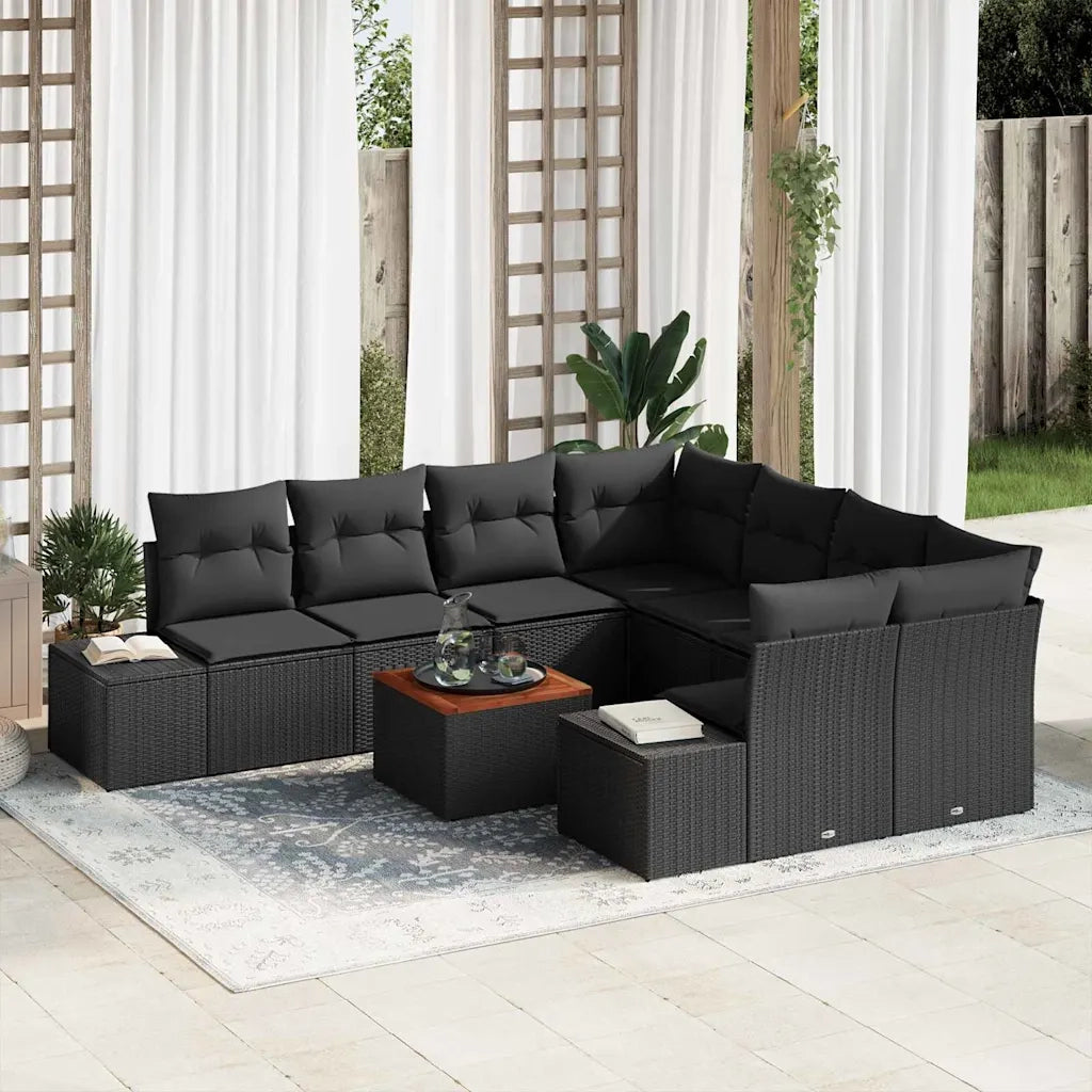 Set Divano da Giardino con cuscino 9 pcs Nero polyrattan