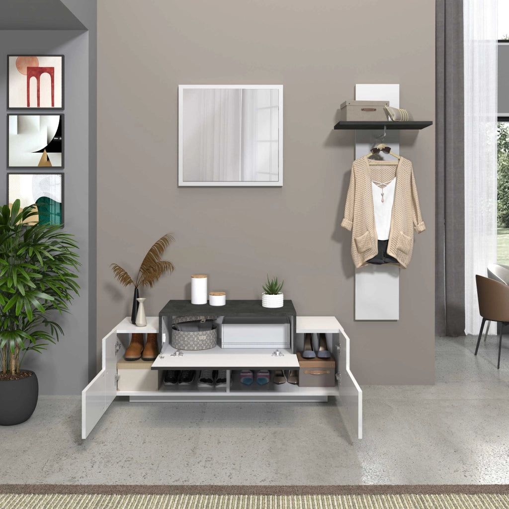 WHOUS Scarpiera a panca Corona 2 ante 1 ribalta bianco lucido/ardesia 120x45x51 cm