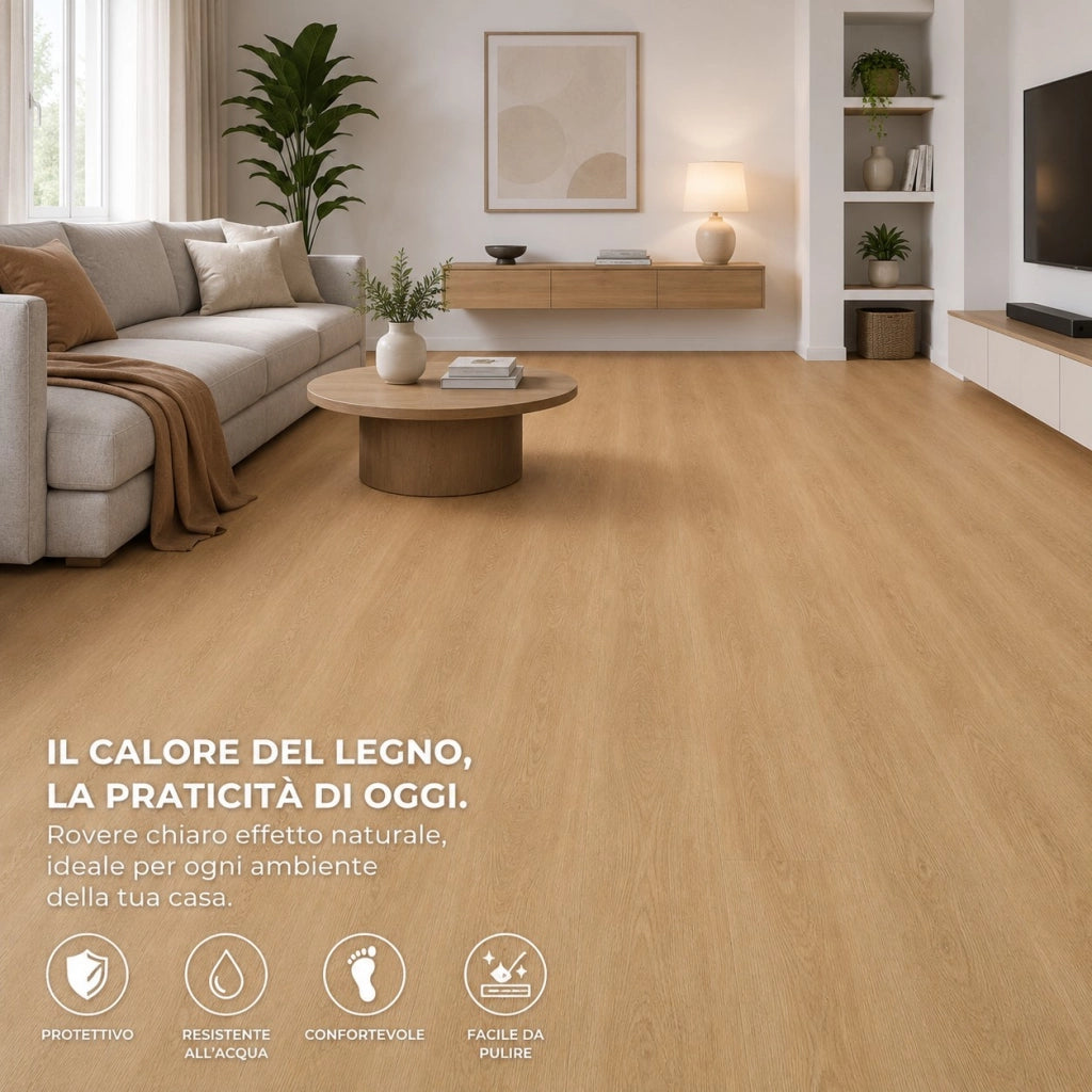 1 x 15 m (15 m²) Pavimento Vinilico a Rotolo Effetto Legno Frassino Dorato – Spessore 2 mm con Feltro Fonoassorbente