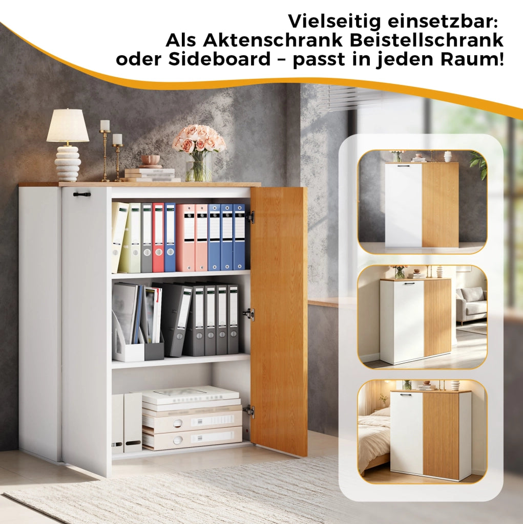 Set ufficio ULEVR con scrivania regolabile 140x50 cm e armadio archivio 80x40x110 cm, bianco e rovere
