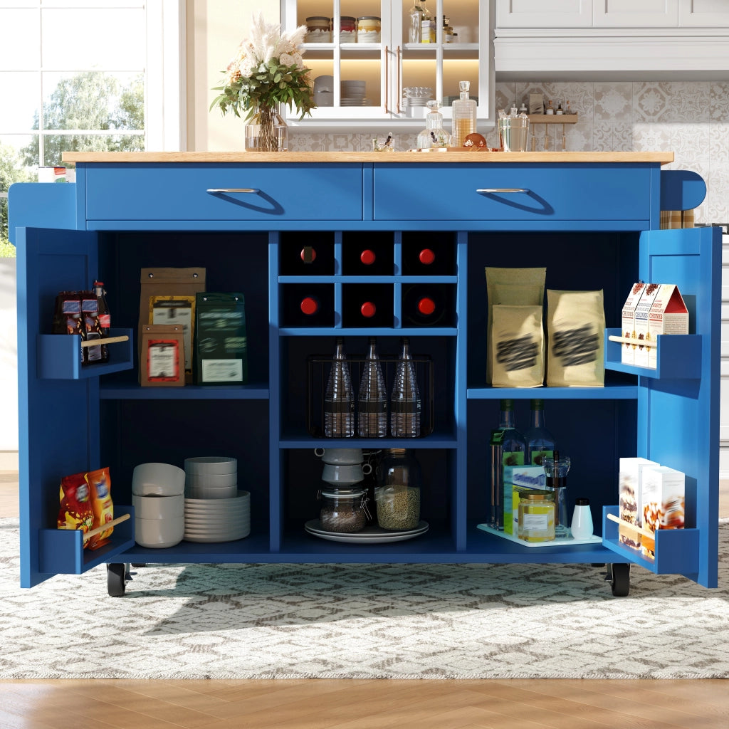 Mobile base da cucina con ruote bloccabili portabottiglie e ripiani laterali MDF blu 102 × 45 × 92 cm