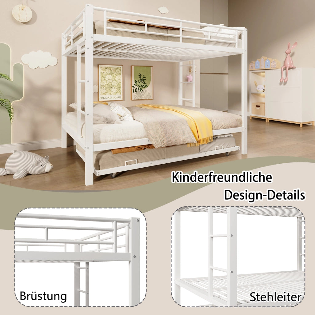 Letto a castello in metallo bianco 140x200 cm con letto estraibile e sponde alte