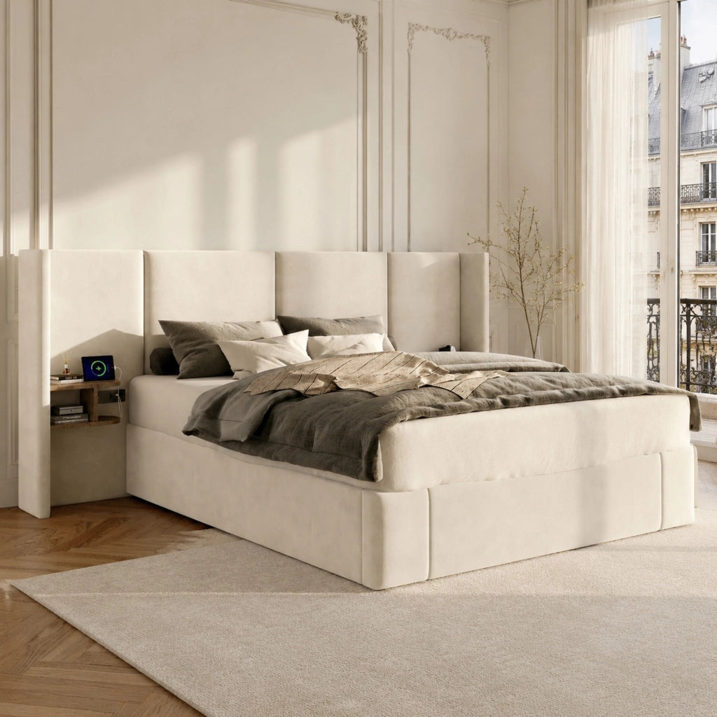Letto contenitore 160x200 cm in velluto beige con 2 comodini, USB-A/USB-C e prese