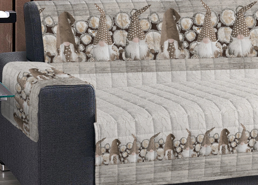 Copridivano Trapuntato Disegno Gnomi Colore Beige - 3 Posti - Beige