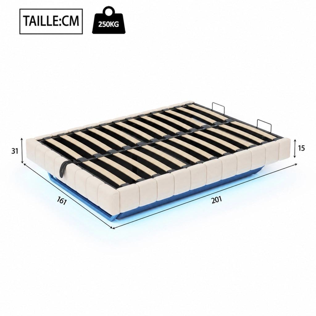 Letto imbottito sospeso 160x200 cm con contenitore, LED e struttura in metallo, Beige