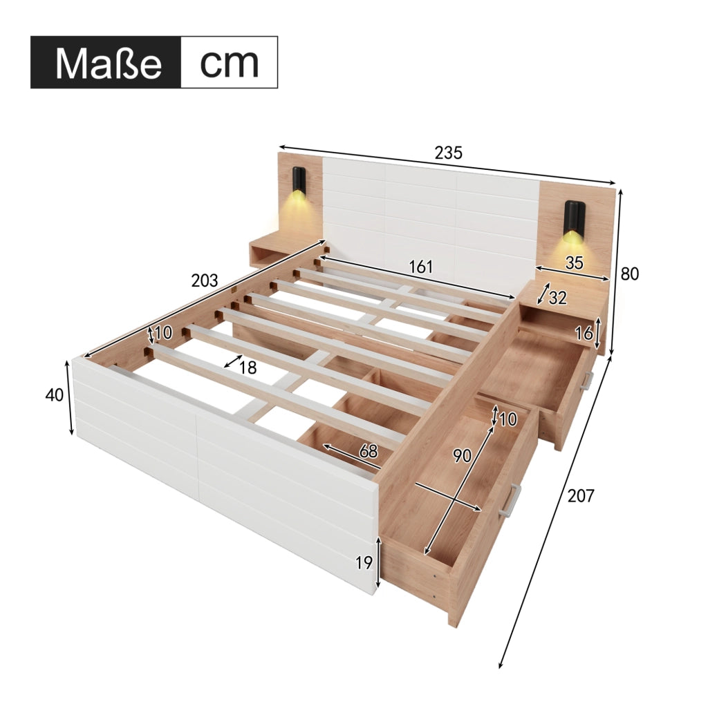 Letto matrimoniale 160 x 200 cm con cassetti, luce orientabile e USB