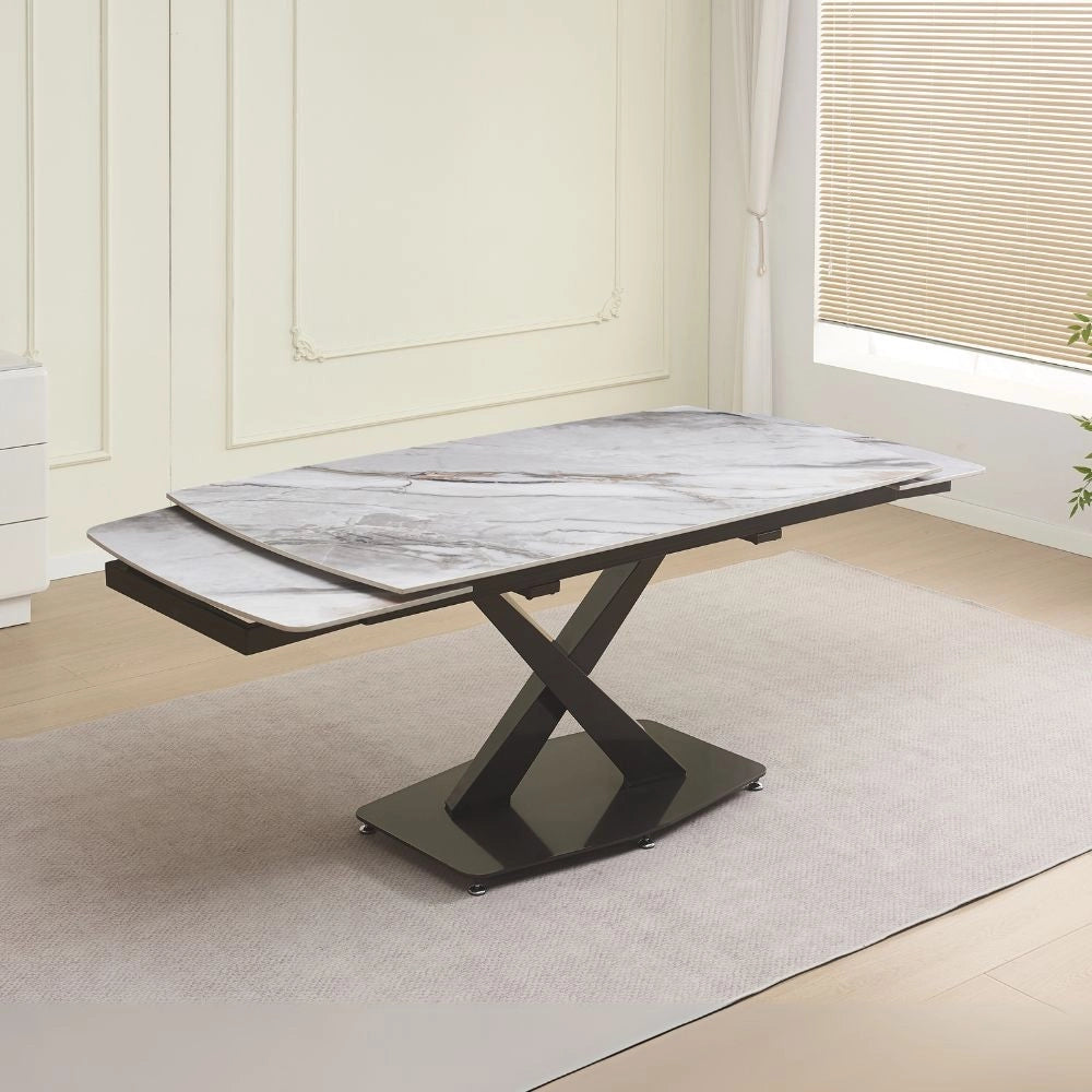Tavolo allungabile Moritz con piano in ceramica effetto marmo bianco e gambe in titanio lucido 165x90x76H