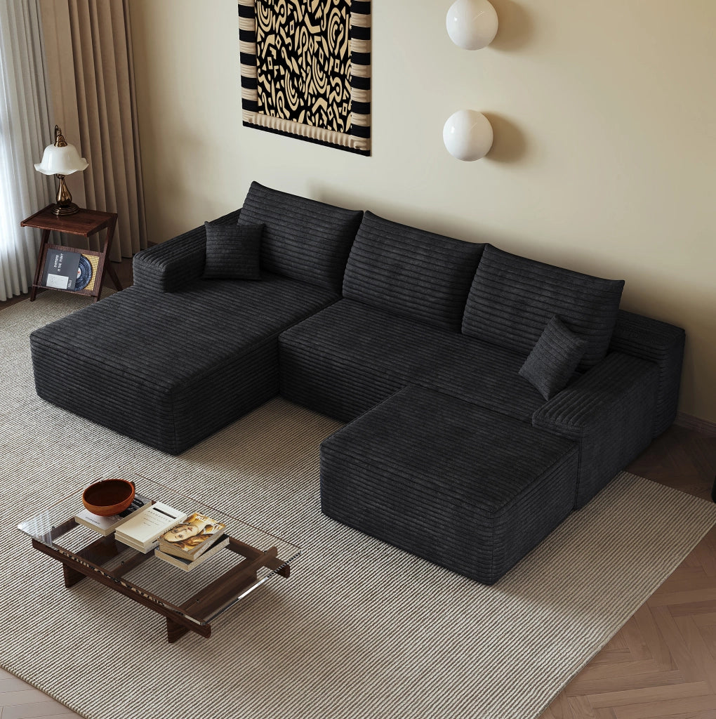 Divano modulare angolare senza braccioli 270 cm con chaise longue a L in tessuto di velluto a coste nero