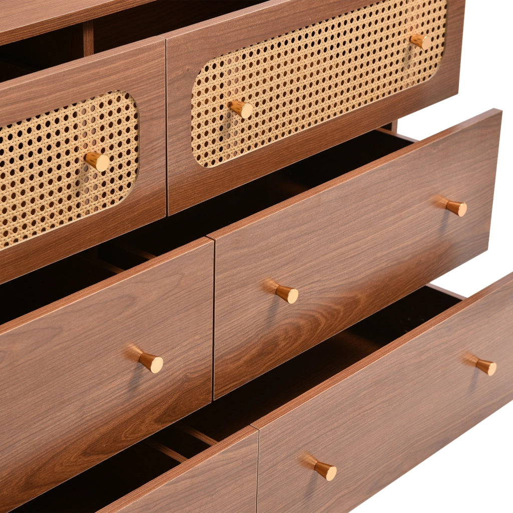 Cassettiera con 6 cassetti e 2 pannelli in rattan, finitura noce, per camera da letto, legno e metallo, 120 × 40 × 90 cm