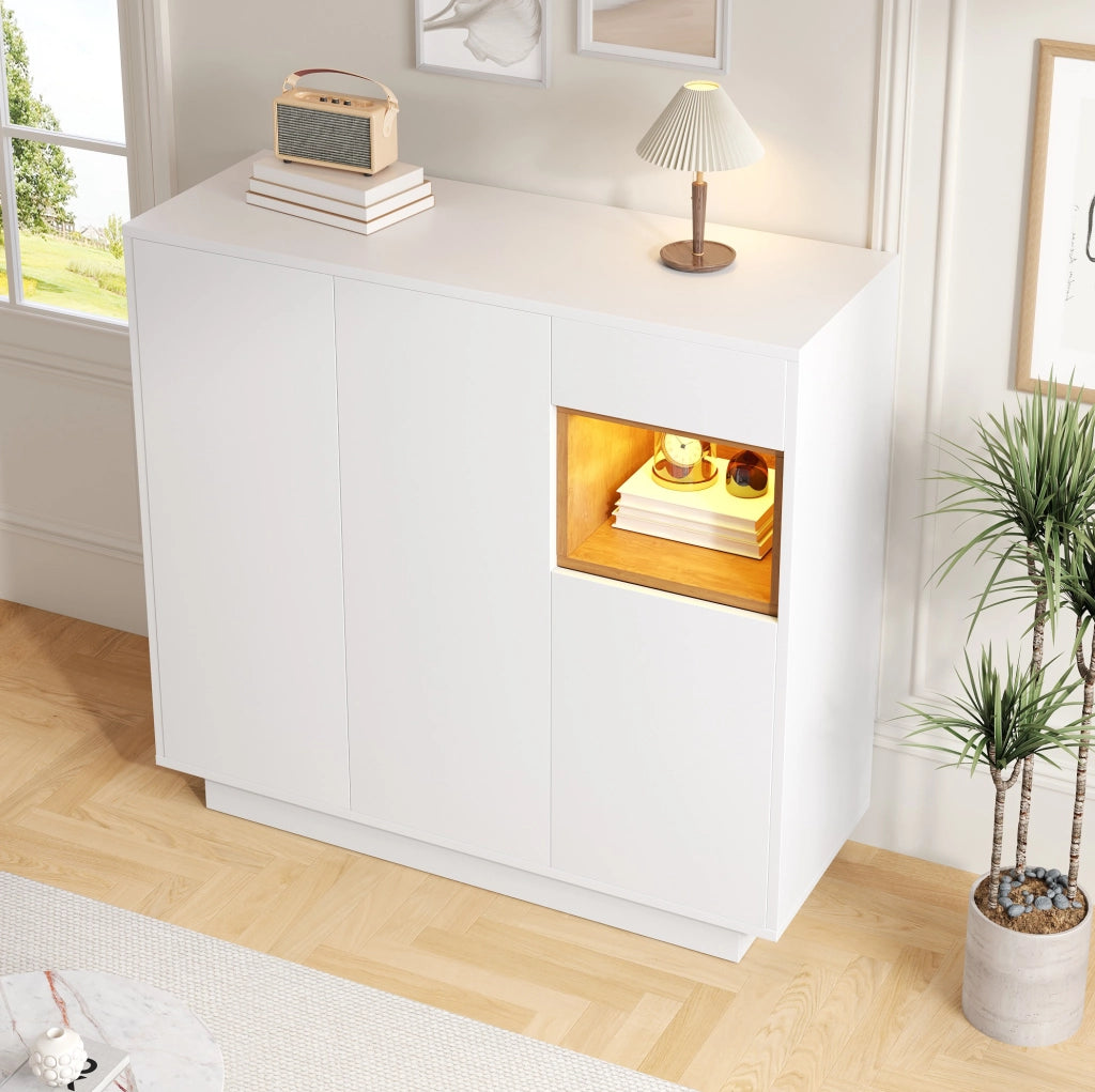Mobile Porta Scarpe Bianco e Legno Naturale con Ripiani Regolabili e Cassetto, 105x39,5x100,5 cm