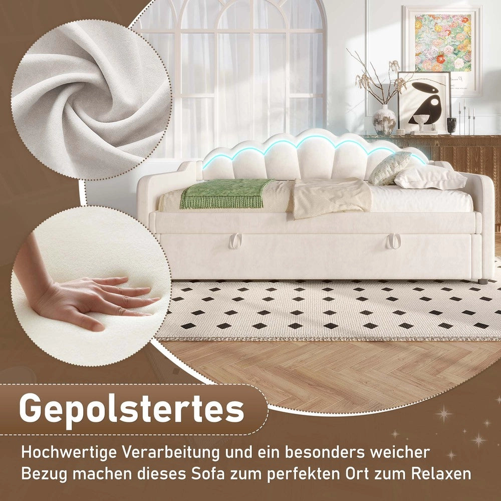Letto Singolo Contenitore Imbottito con LED ¨C MINIMAL ¨C Velluto Beige 90x200