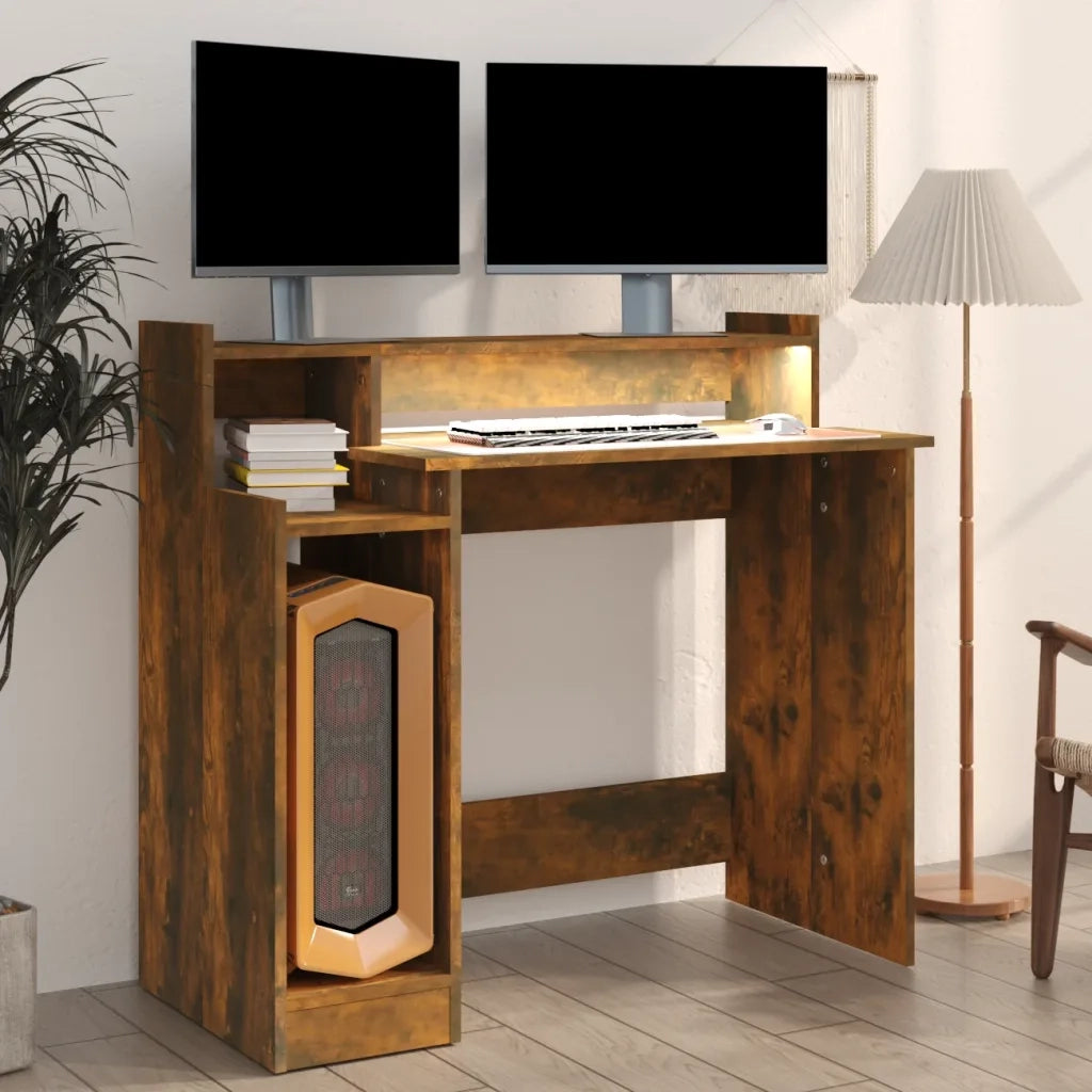 Scrivania con Luci LED Rovere Fumo 97x45x90 cm in Multistrato 820475