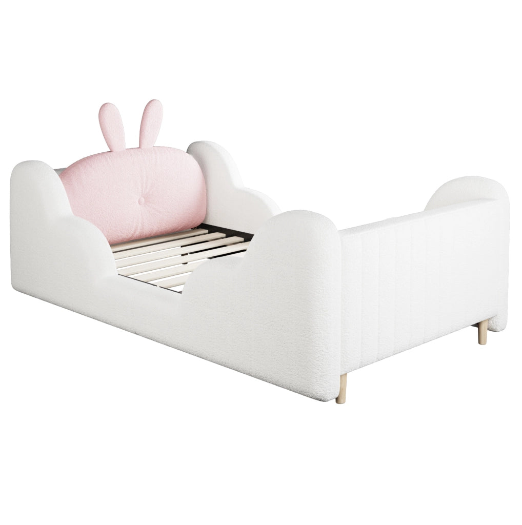 Letto per bambini 90x200 cm con cuscino coniglio in tessuto teddy bianco