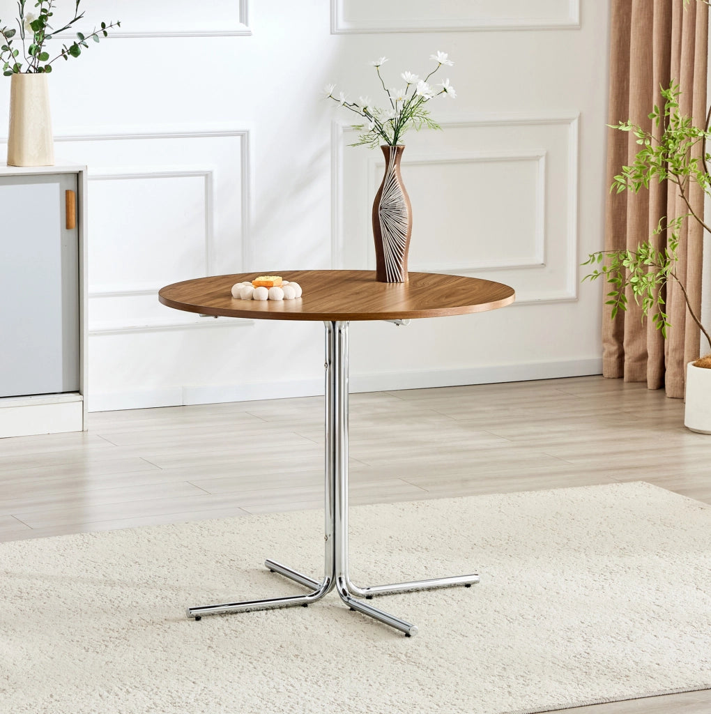 Tavolino basso rotondo 85 cm in MDF noce e metallo cromato, per piccoli spazi