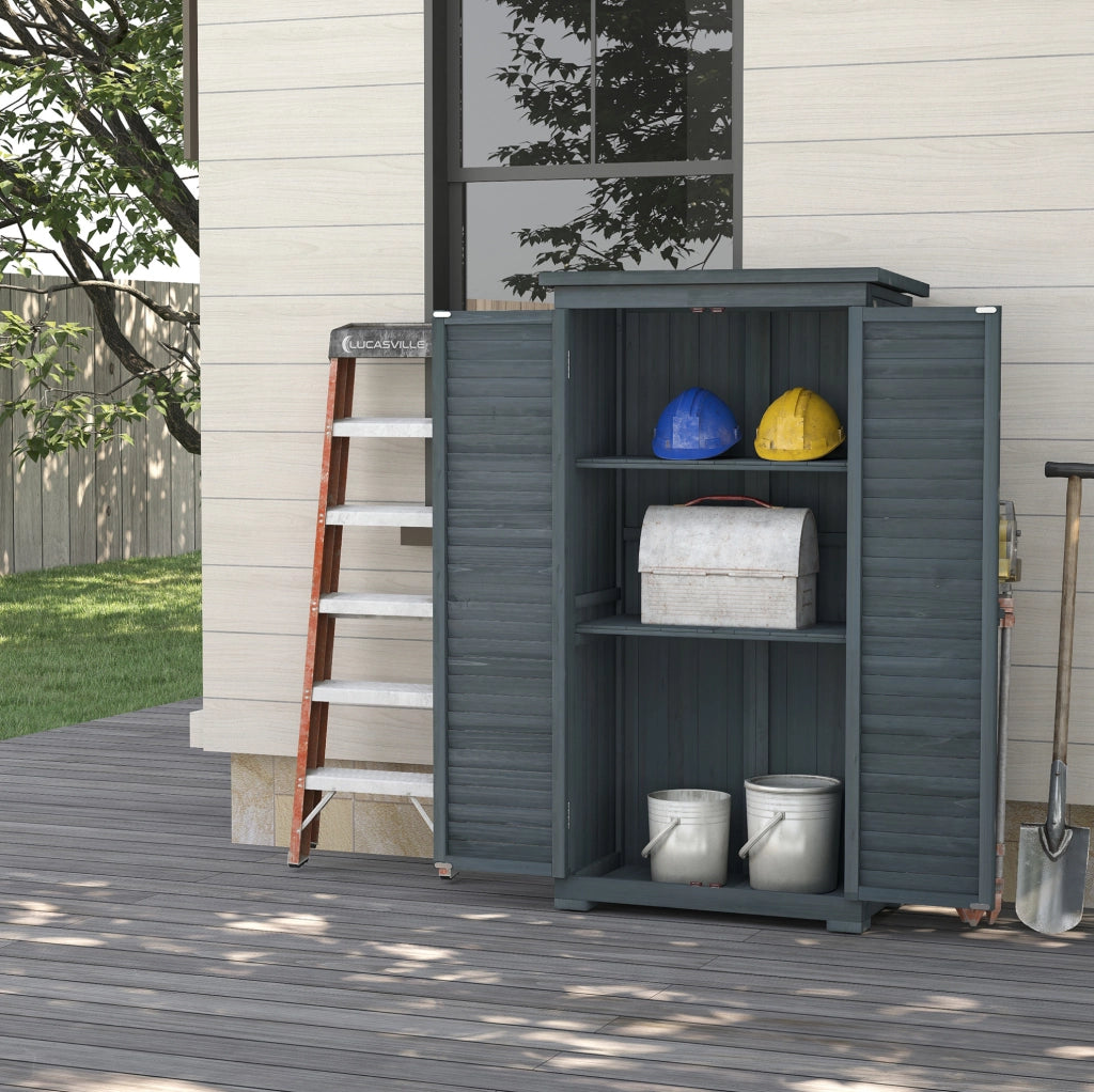 Armadio da giardino in legno di abete con 3 scomparti e ante a lamelle; grigio 87 x 46;5 x 160 cm