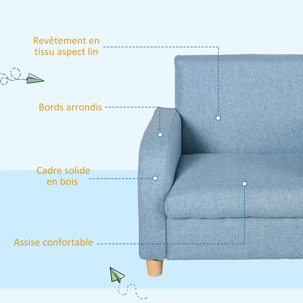 Poltroncina per Bambini Design Scandinavo in Tessuto di Lino e Legno con Braccioli Imbottiti e Seduta Comoda Blu