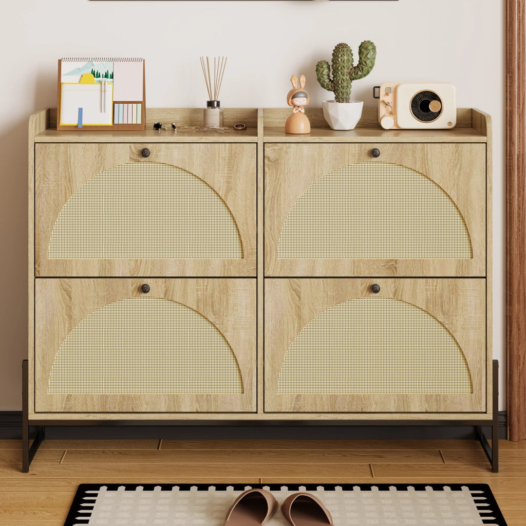Mobile portascarpe in legno con 4 ante a ribalta, design arrotondato e ripiani salvaspazio