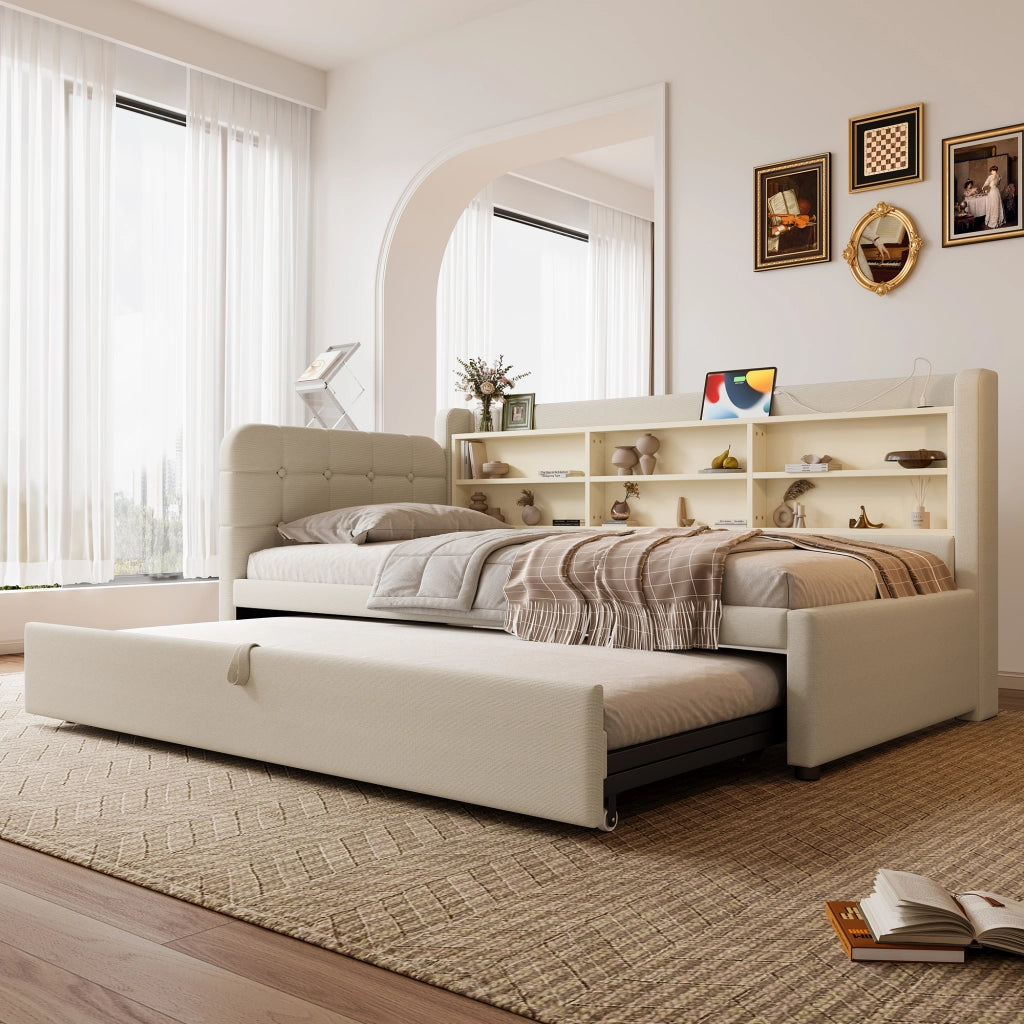 Letto estraibile singolo con rete a doghe in lino beige USB e tipo C testiera con bottoni e ripiani