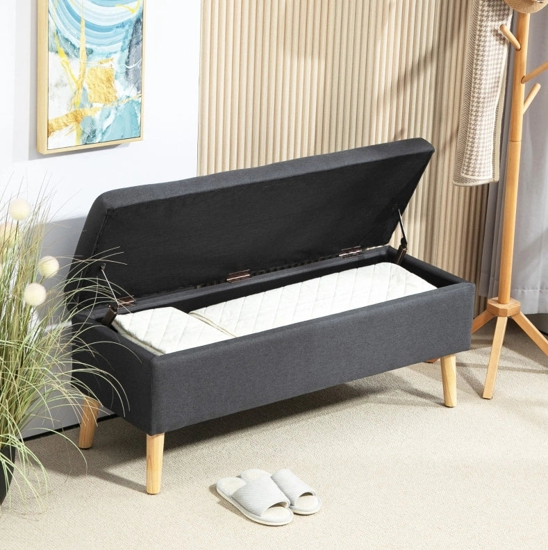 Panca contenitore imbottita in tessuto effetto lino, struttura in legno di caucciù, 110 x 39 x 45 cm, grigio scuro