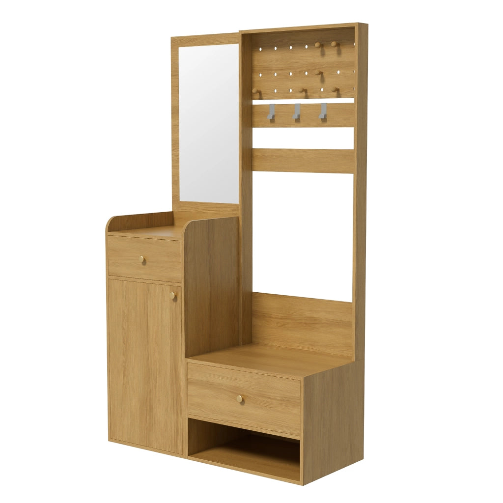 Mobile da ingresso con specchio, 2 cassetti, armadio e ripiani aperti, ganci removibili, color legno, 105 × 38 × 180 cm