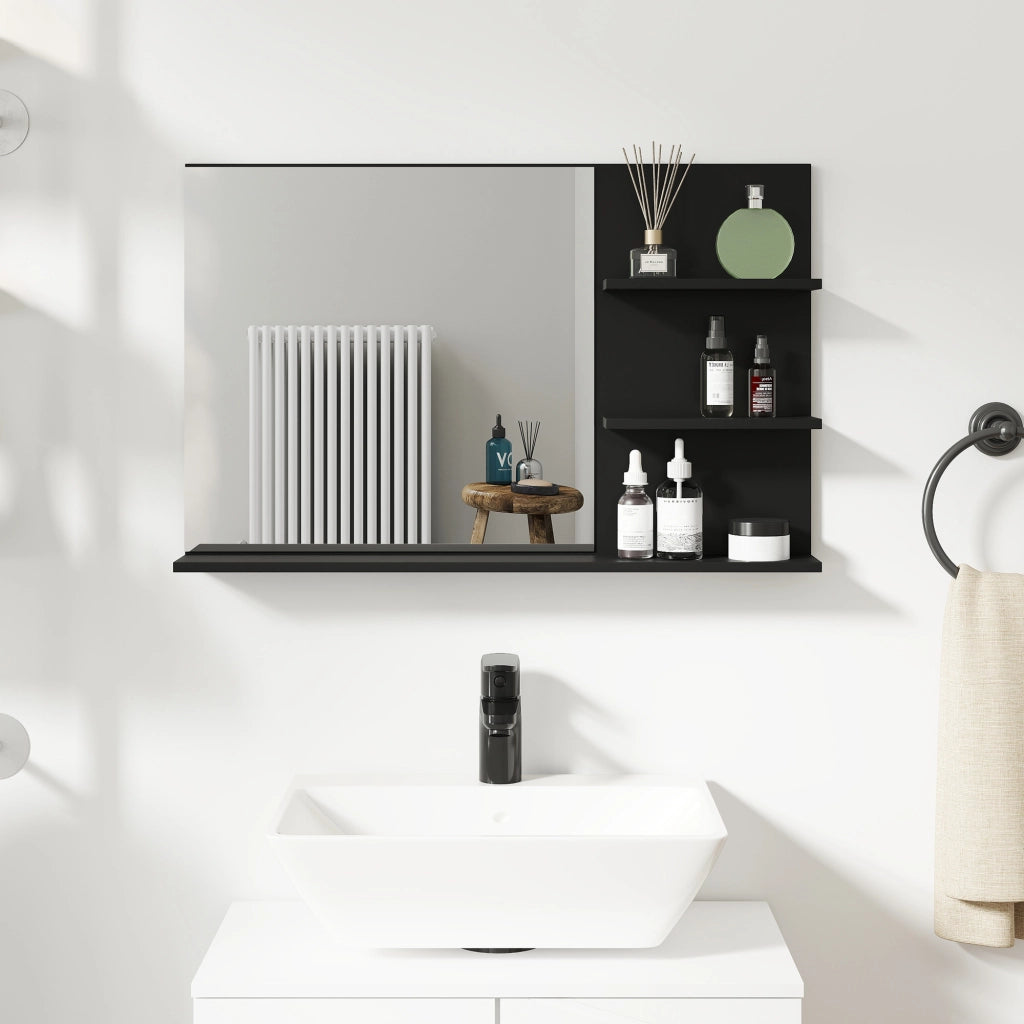 Specchio Bagno con Ripiani Laterali e Inferiore ¨C zephmum ¨C Legno Vetro Nero 75x10x48 cm