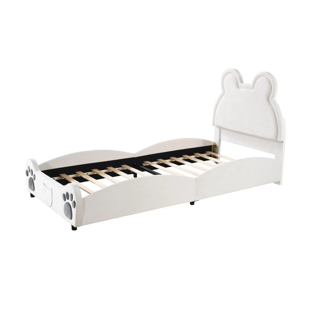 Letto per bambini a forma di orso 90 x 200 cm; imbottito in velluto bianco
