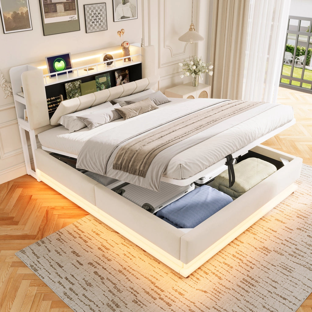 Letto imbottito 160 ¡Á 200 cm con LED USB contenitore idraulico in velluto beige rete a doghe in metallo
