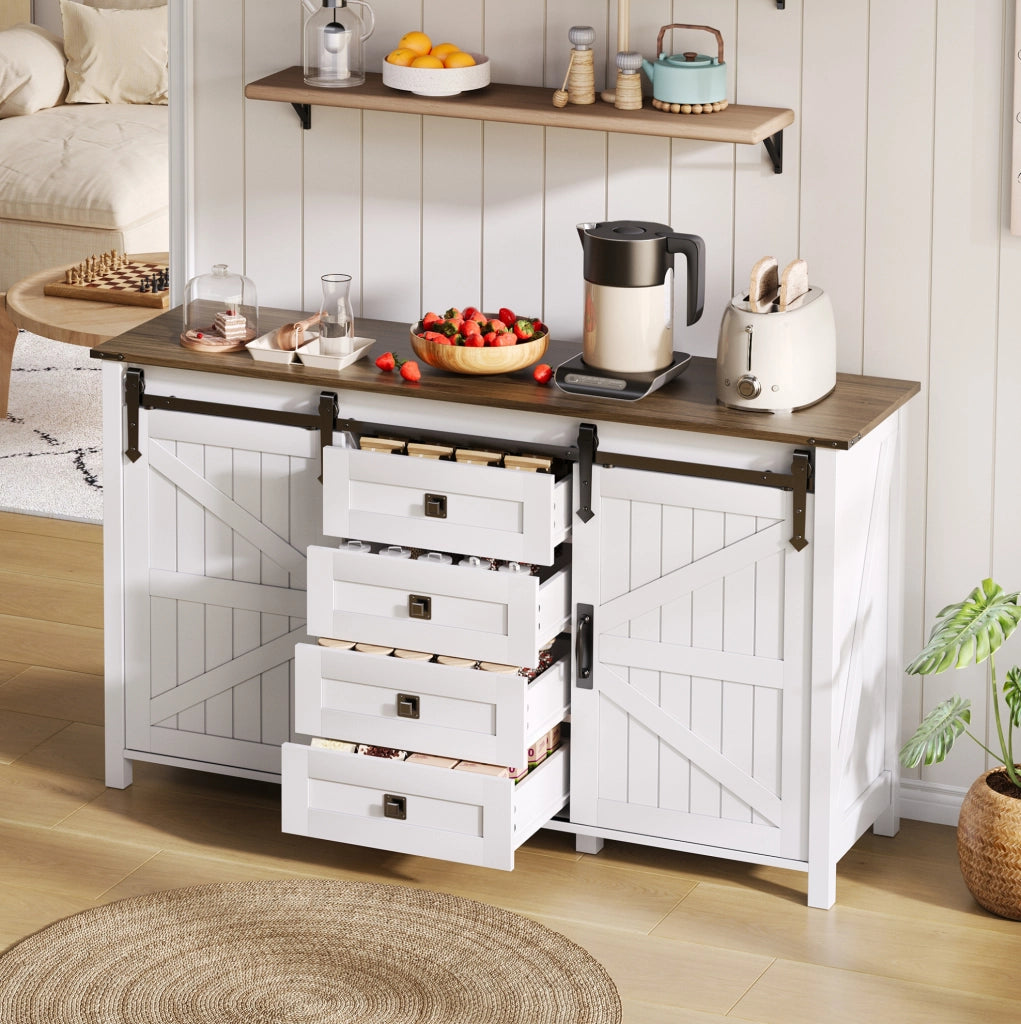 Credenza bianca 137 cm con ante scorrevoli e 4 cassetti
