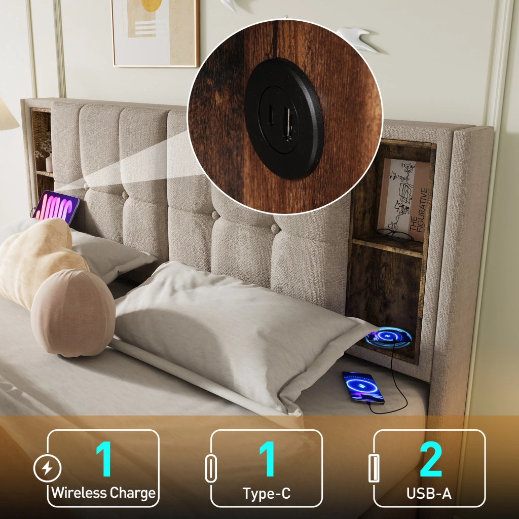 Letto matrimoniale imbottito 160 ¡Á 200 cm con vano contenitore ricarica wireless USB e USB C in lino naturale