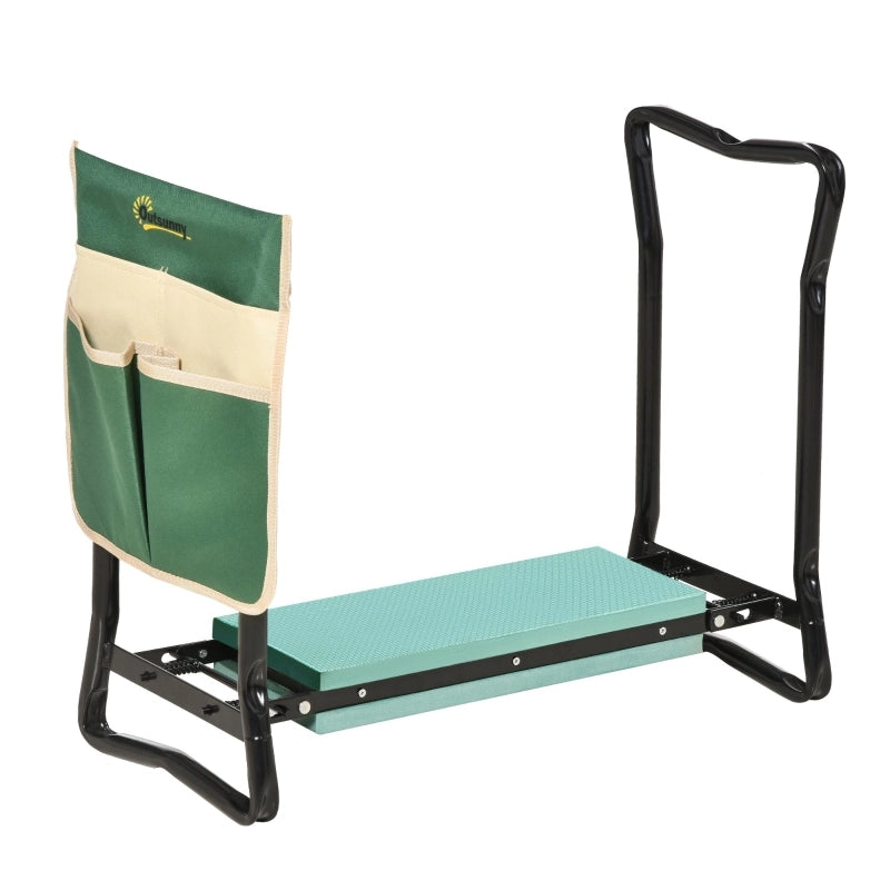 Panca da giardino pieghevole 2 in 1 con borsa porta attrezzi e seduta imbottita in acciaio verde