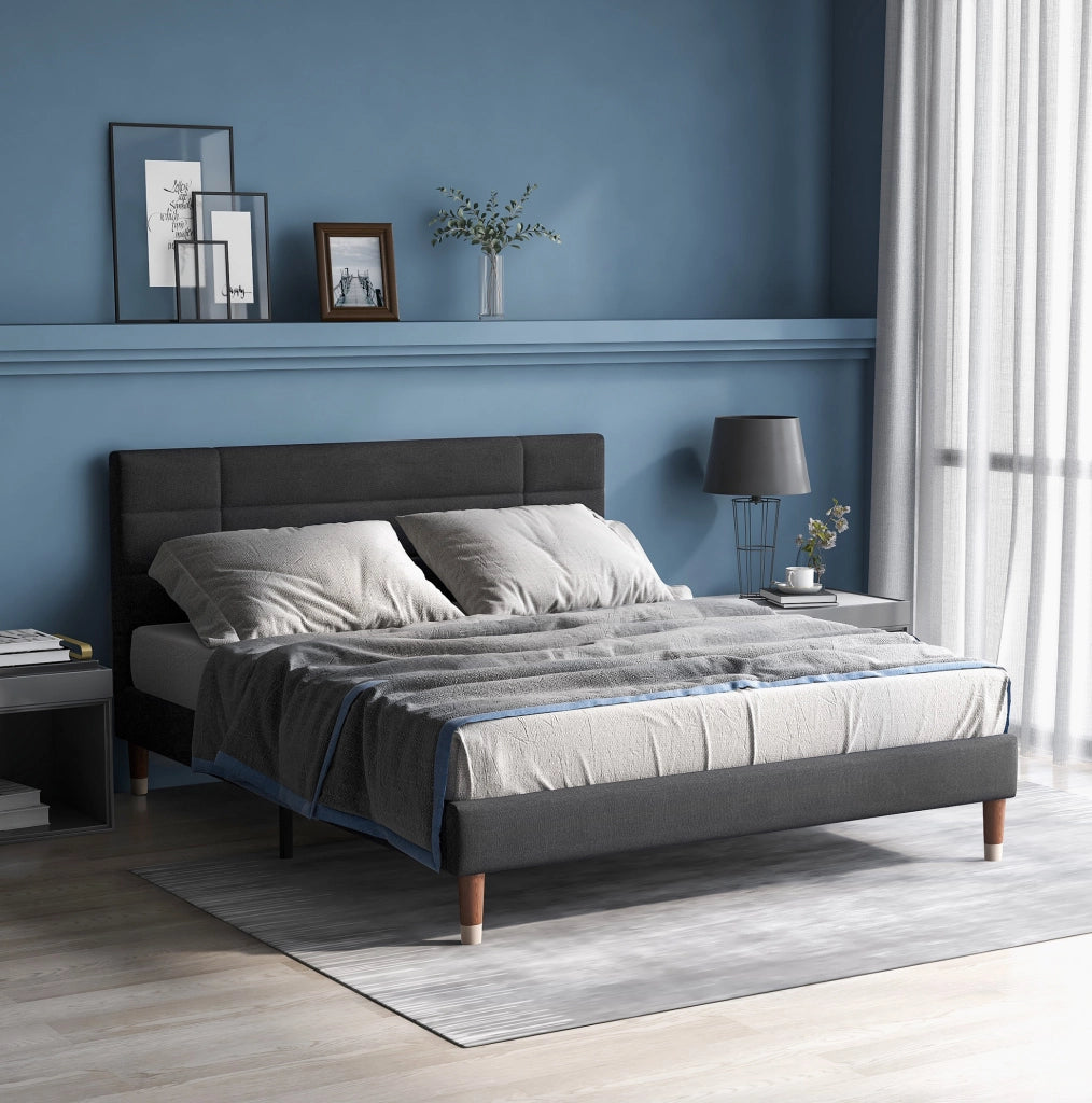 Letto imbottito matrimoniale 140x200 cm con contenitore e rete a doghe, struttura in lino grigio con testiera alta