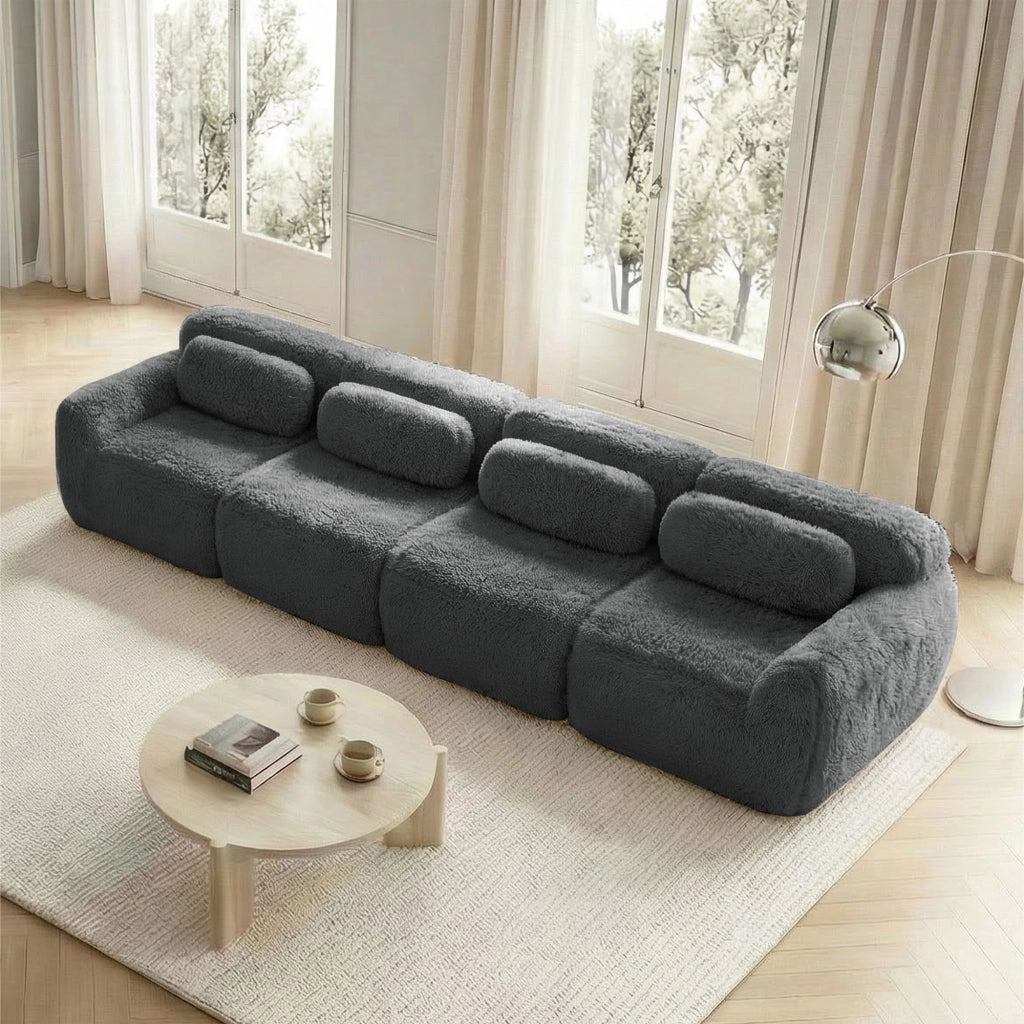 Divano modulare angolare senza struttura in tessuto di peluche grigio con schiuma 32D e base antiscivolo
