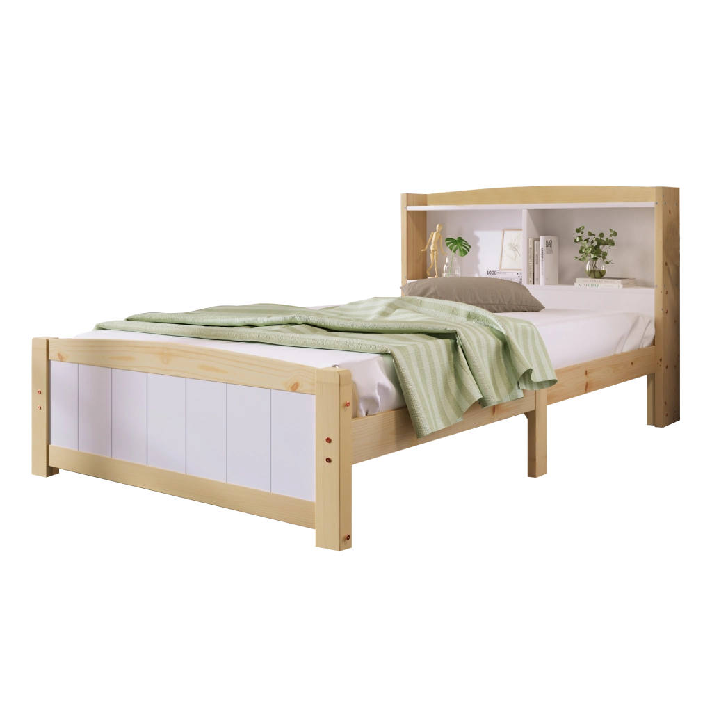Letto singolo 90 × 200 cm con testiera contenitore e rete a doghe in legno bianco