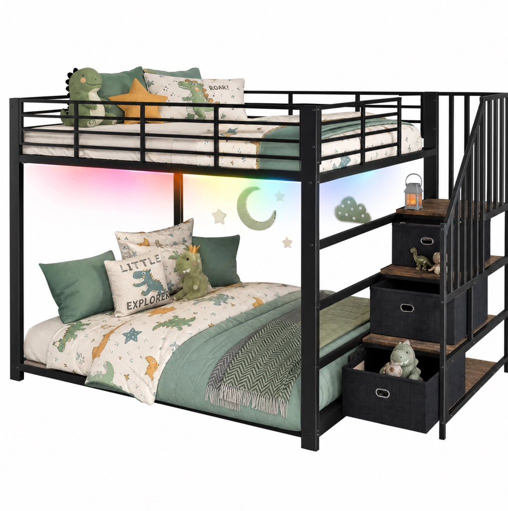 Letto a castello in metallo 140x200 cm con scala reversibile, contenitori, illuminazione LED e prese USB, colore nero