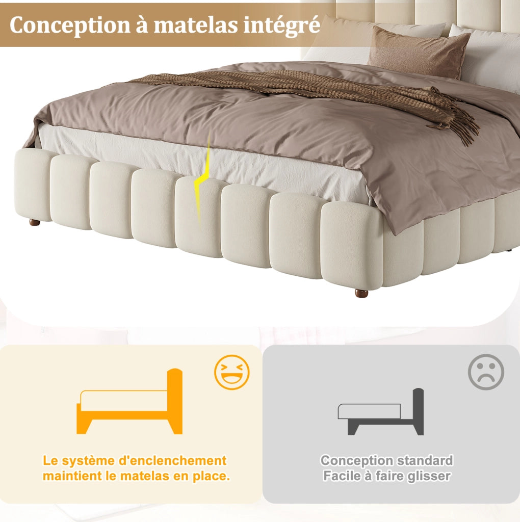 Letto matrimoniale imbottito ULEVR 180x200 cm con contenitore idraulico e rete a doghe, velluto beige