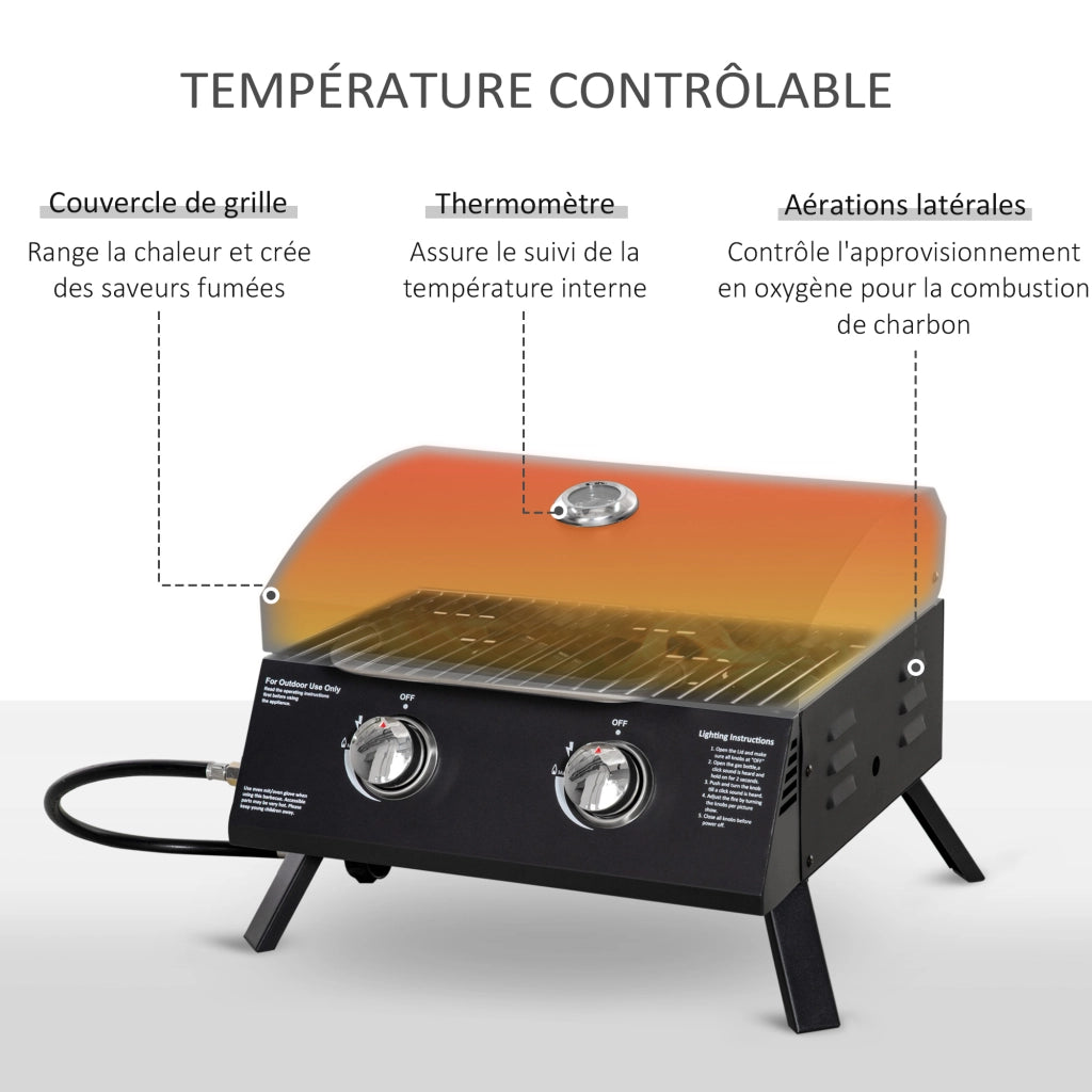 Barbecue a Gas da Tavolo Pieghevole ¨C Xylo ¨C 2 Bruciatori 5KW Acciaio Nero