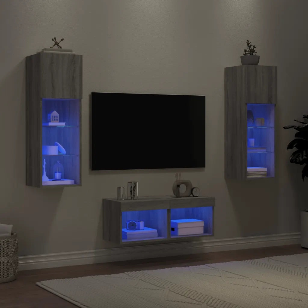 Mobili TV a Muro 4 pz-Credenza per TV con Luci LED Grigio Sonoma 529161
