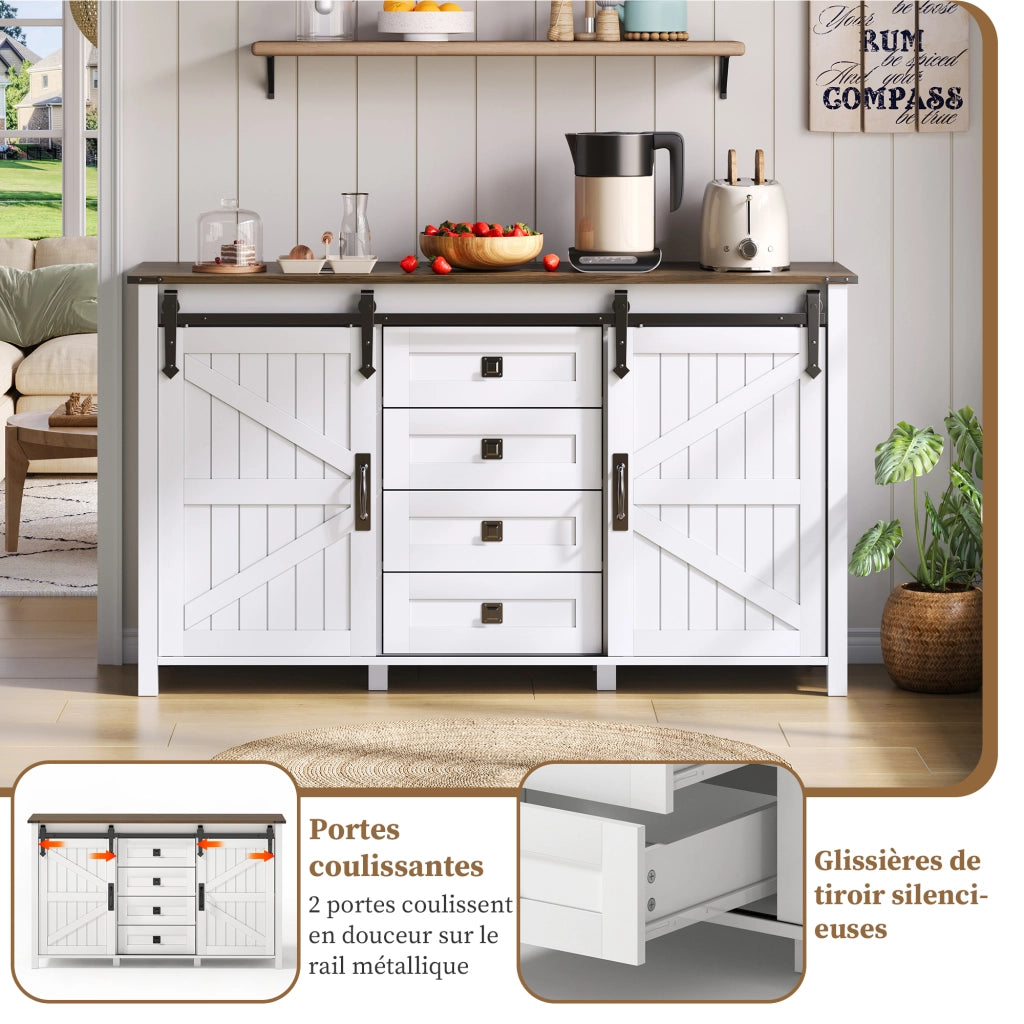 Credenza con 2 ante scorrevoli e 4 cassetti; mobile contenitore in MDF per cucina; sala da pranzo e soggiorno; bianco; 137 × 40 × 81.5 cm