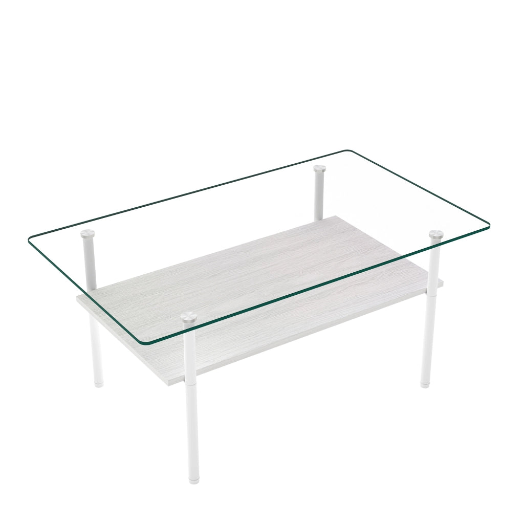 Tavolino da caffè con piano in vetro e ripiano, per soggiorno, bianco, 98×58×45 cm