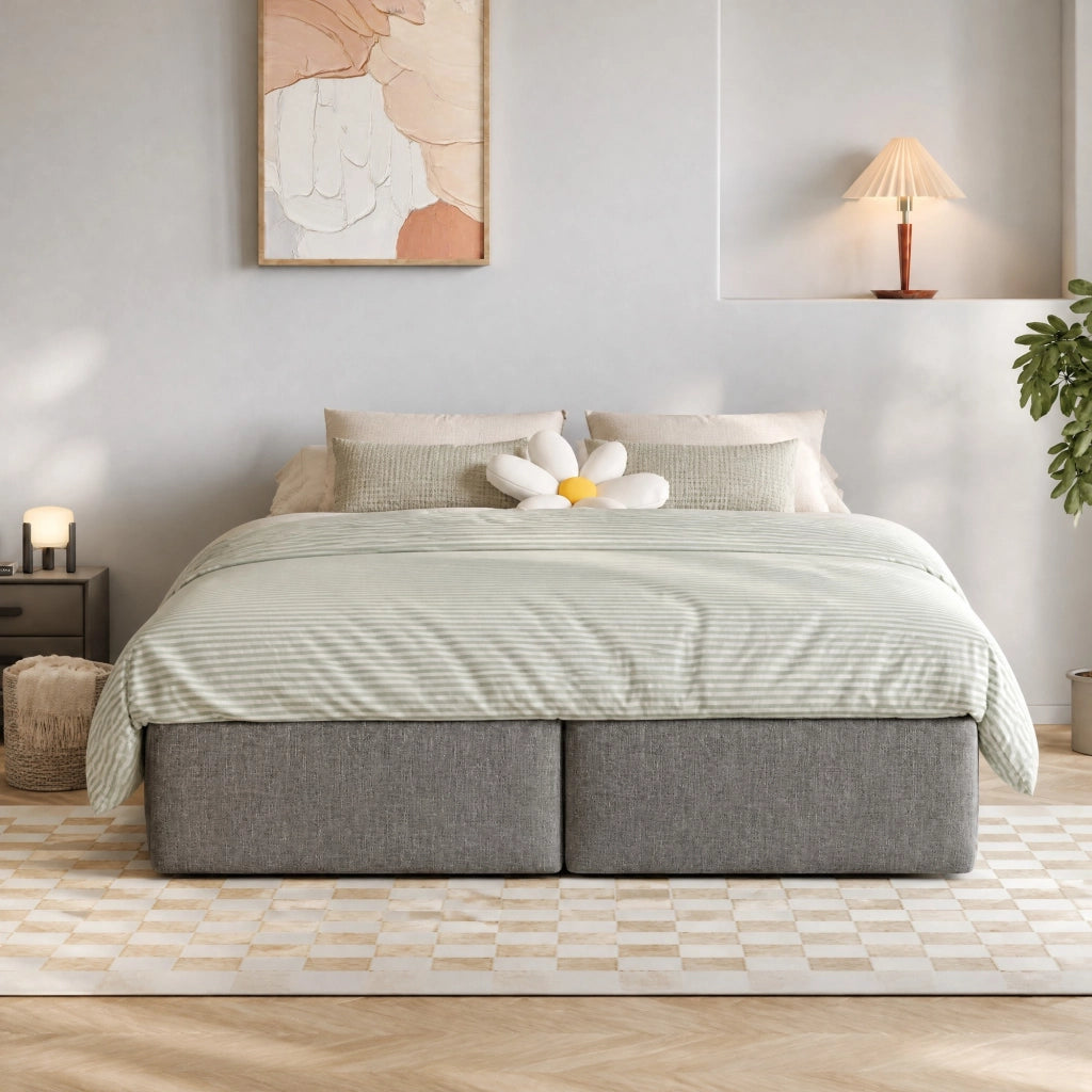 Letto imbottito con contenitore idraulico e 2 cassetti; 140 x 200 cm; grigio