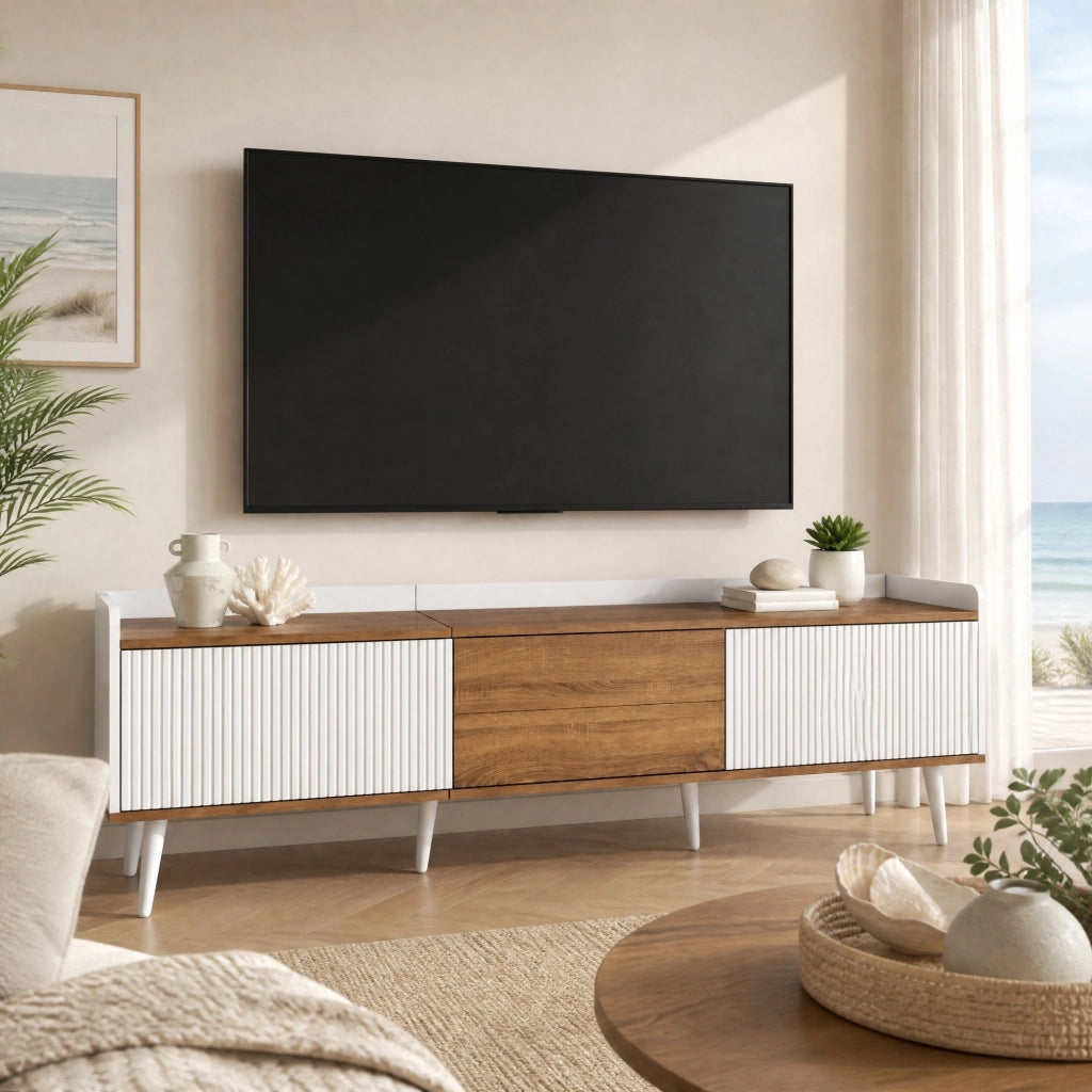 Mobile TV a 3 ante con struttura compatta, finitura bianco e legno naturale, 160 x 39 x 49,5 cm