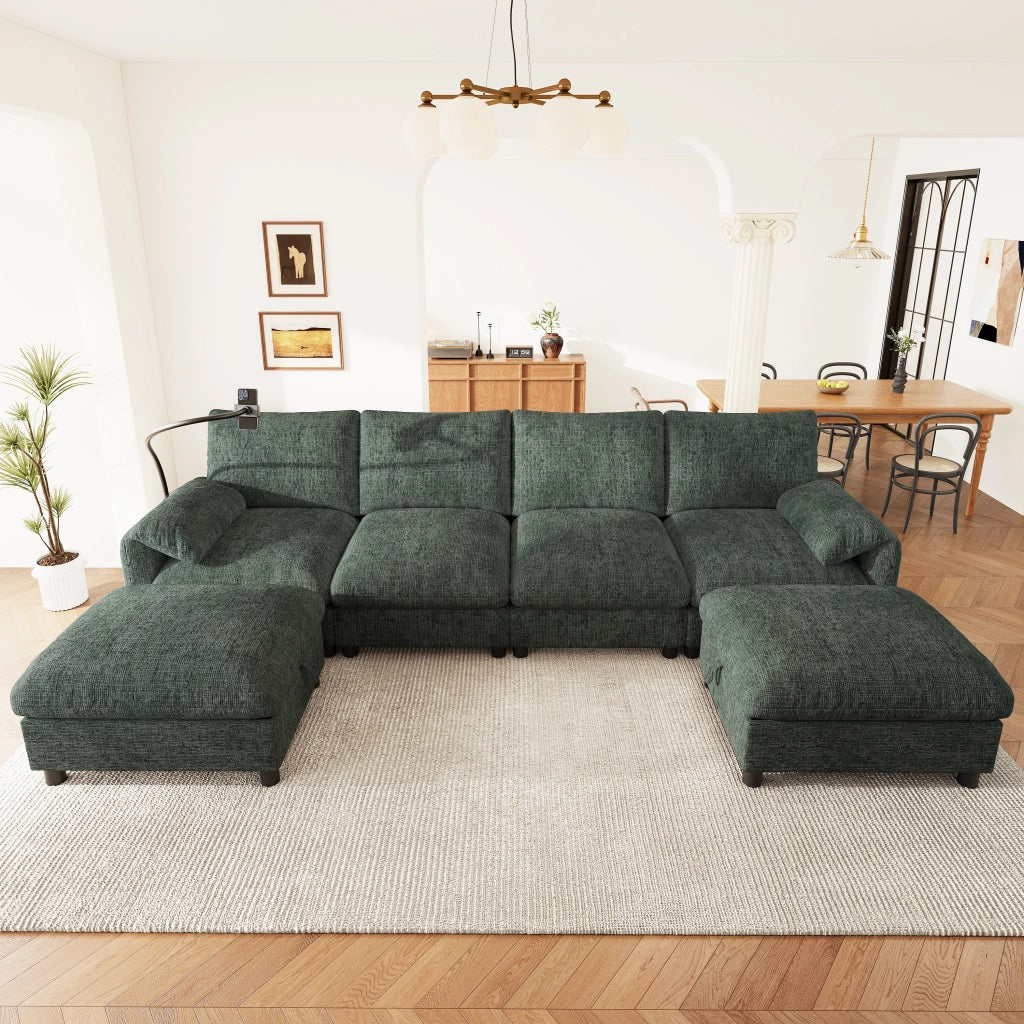 Divano modulare 6 posti a L/U con pouf contenitore; USB e Type-C; chenille verde